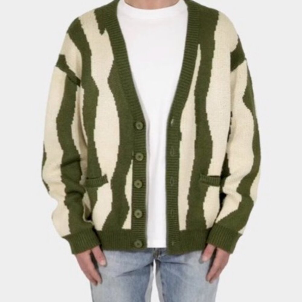 mnml Green and Cream Zebra Striped Oversize Cardigan Men's XXXL